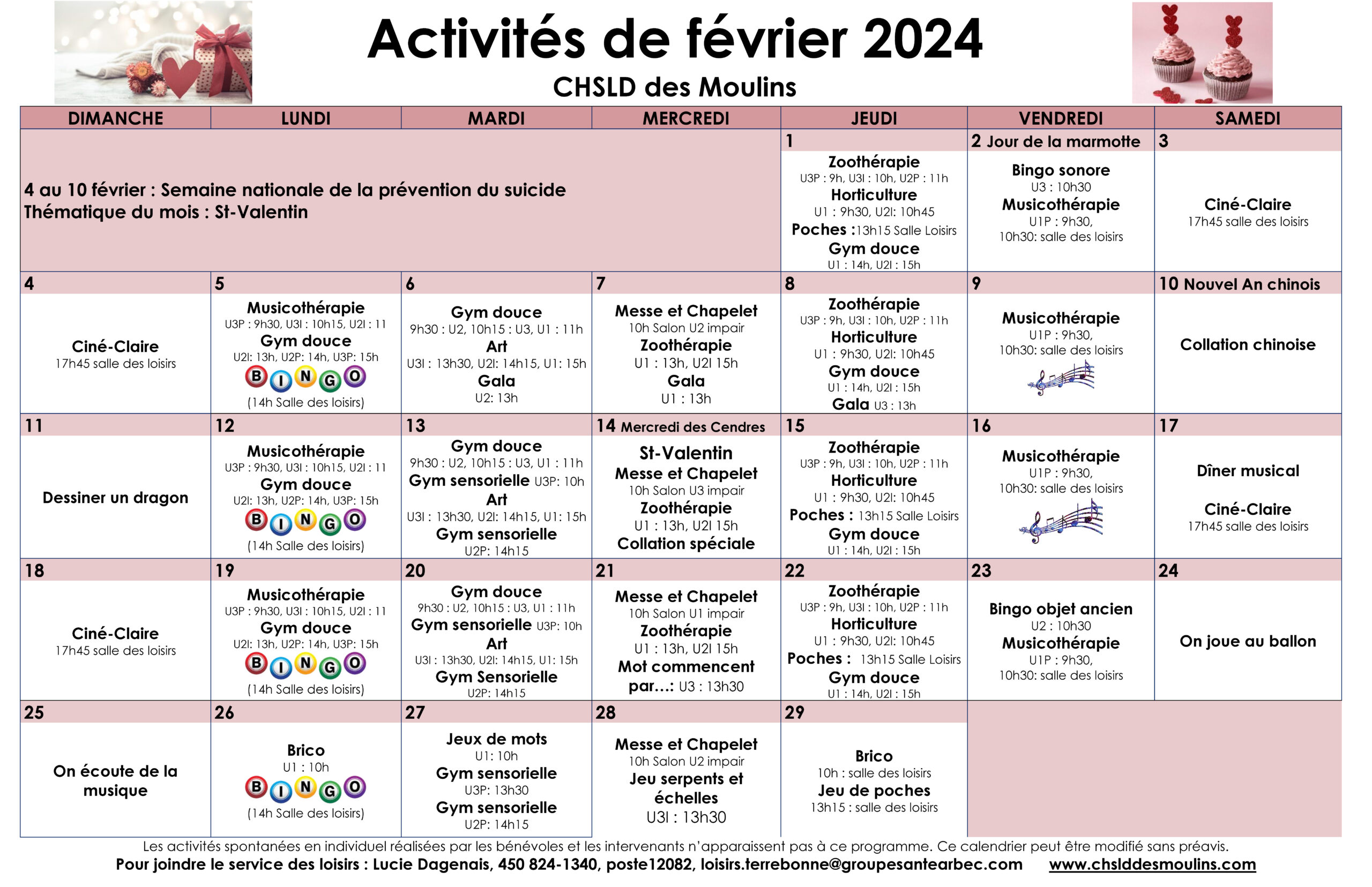 Calendrier des loisirs du mois de février 2024 pour les résidents du CHSLD des Moulins