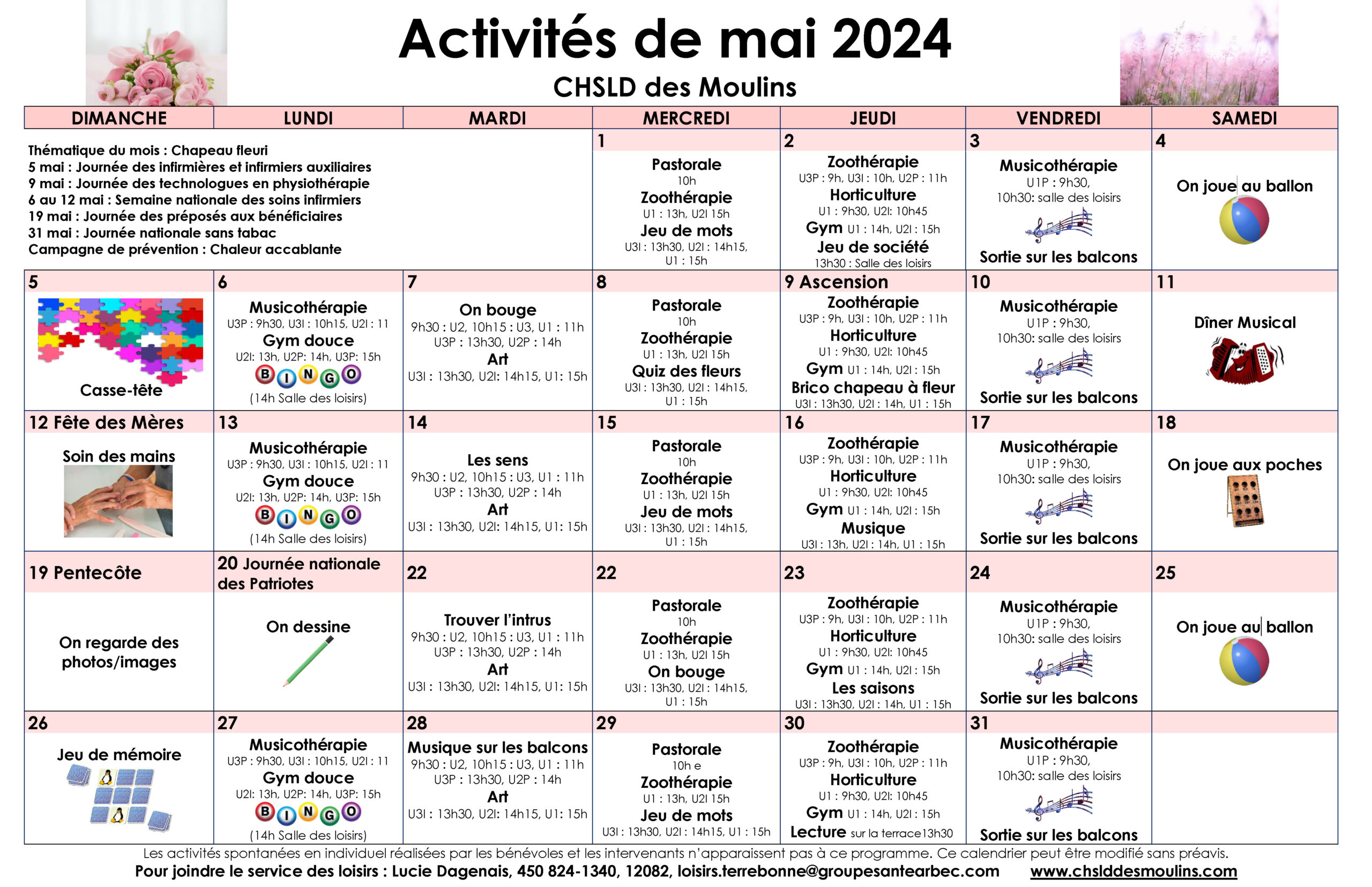 Calendrier des loisirs du mois de mai 2024 pour les résidents du CHSLD des Moulins