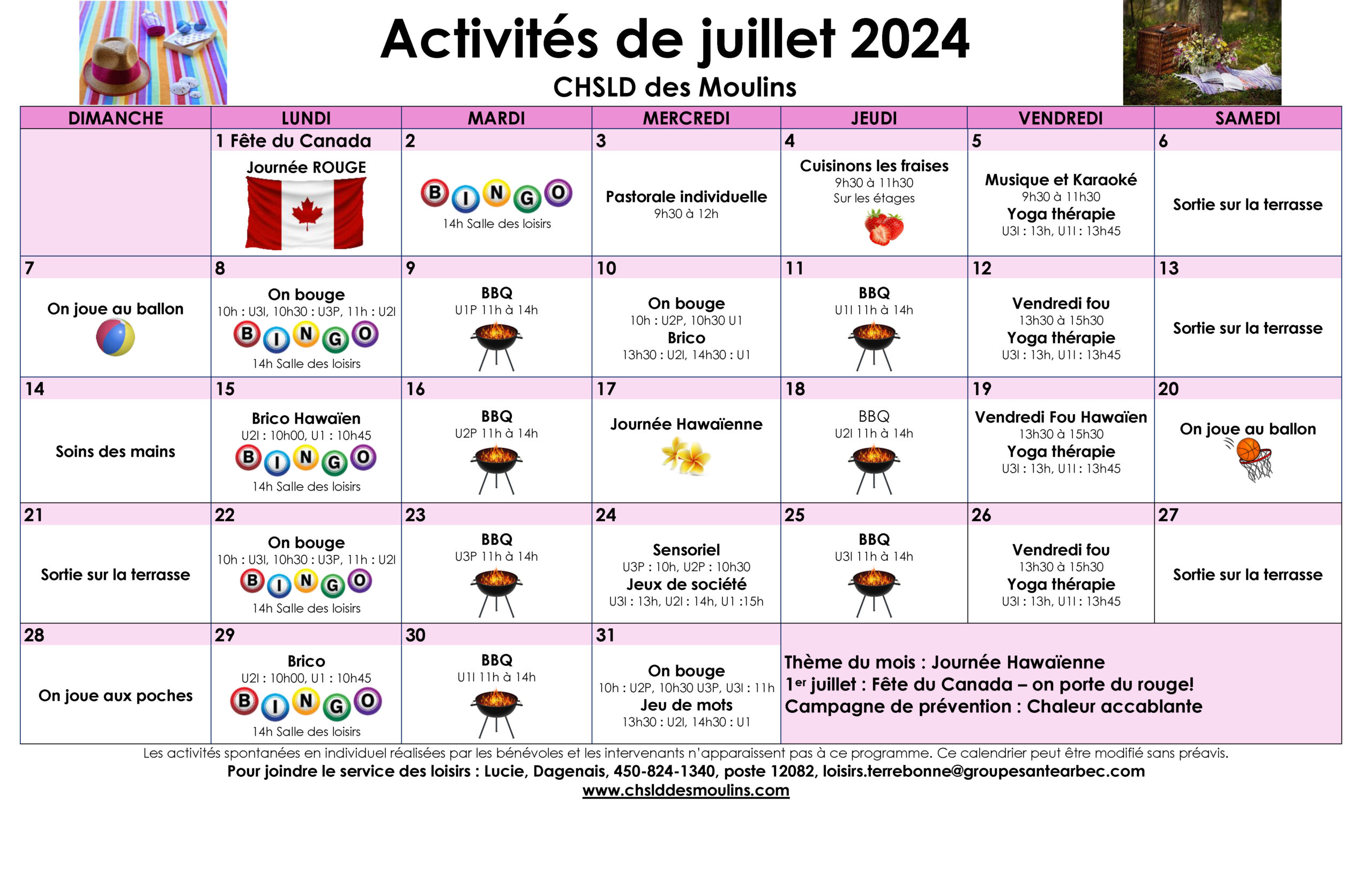 Calendrier des loisirs du mois de juillet 2024 pour les résidents du CHSLD des Moulins