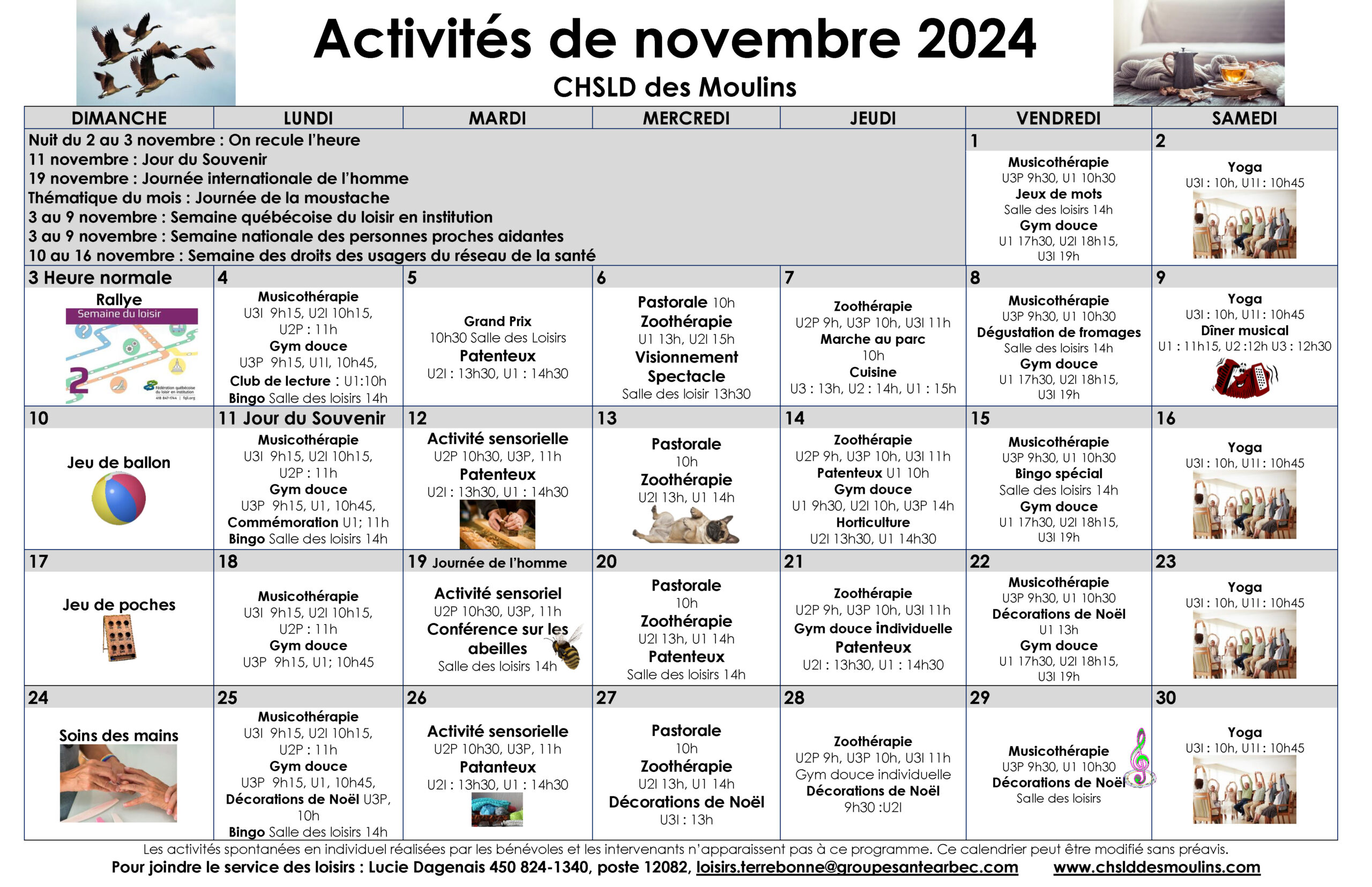 Calendrier des loisirs du mois de novembre 2024 pour les résidents du CHSLD des Moulins