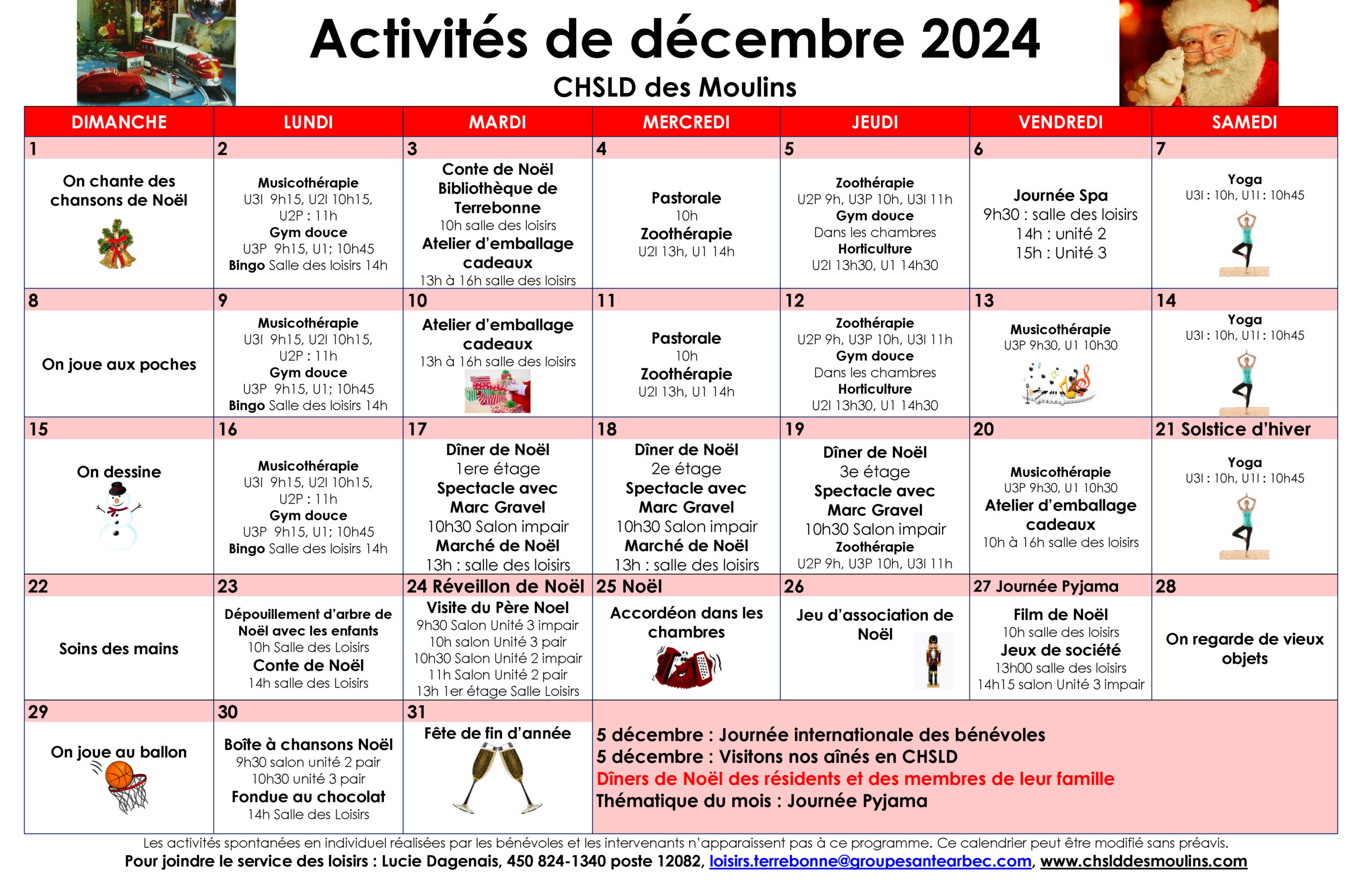 Calendrier des loisirs du mois de décembre 2024 pour les résidents du CHSLD des Moulins