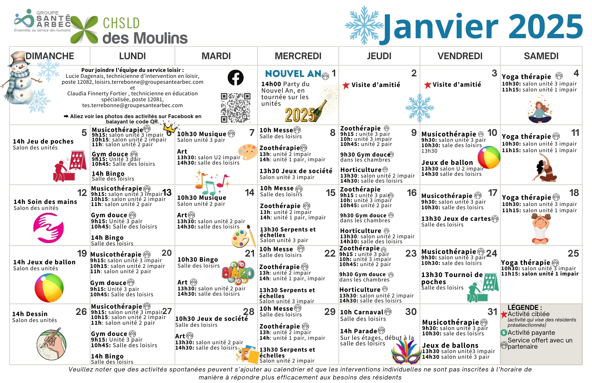 Calendrier des activités de janvier 2025 pour les résidents du CHSLD des Moulins