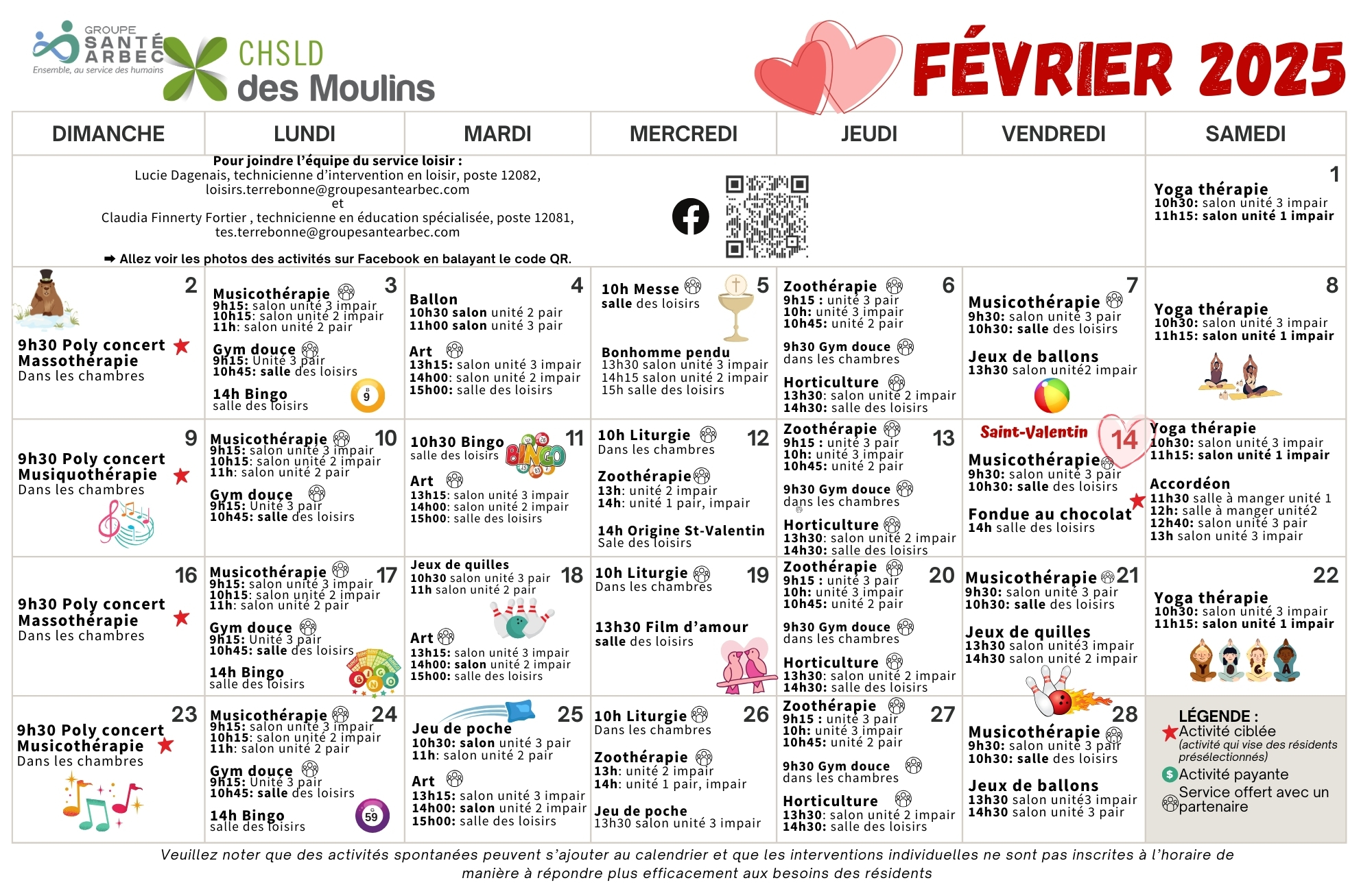 Calendrier des activités de février 2025 pour les résidents du CHSLD des Moulins