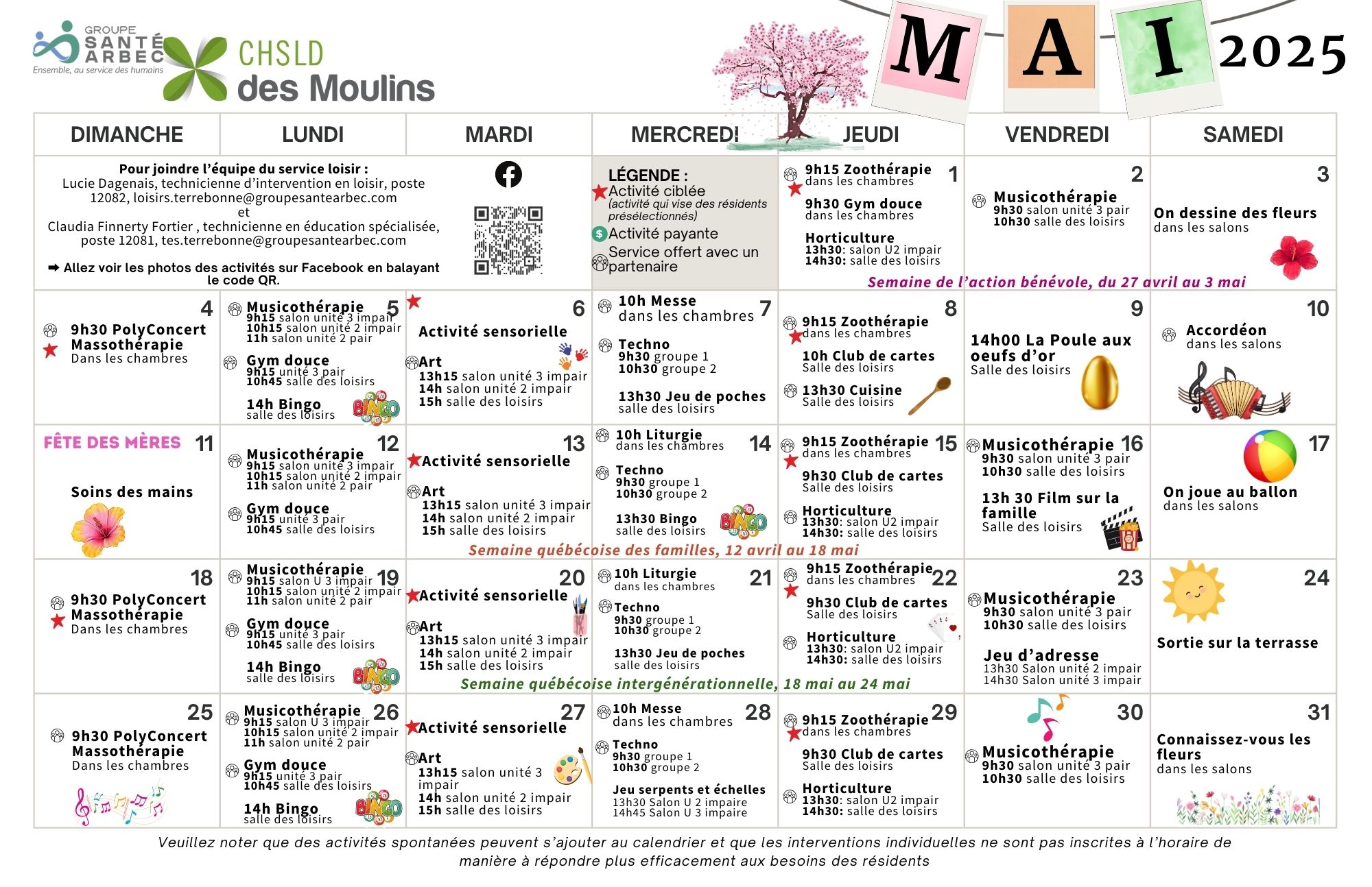 Calendrier des activités de mai 2025 pour les résidents du CHSLD des Moulins