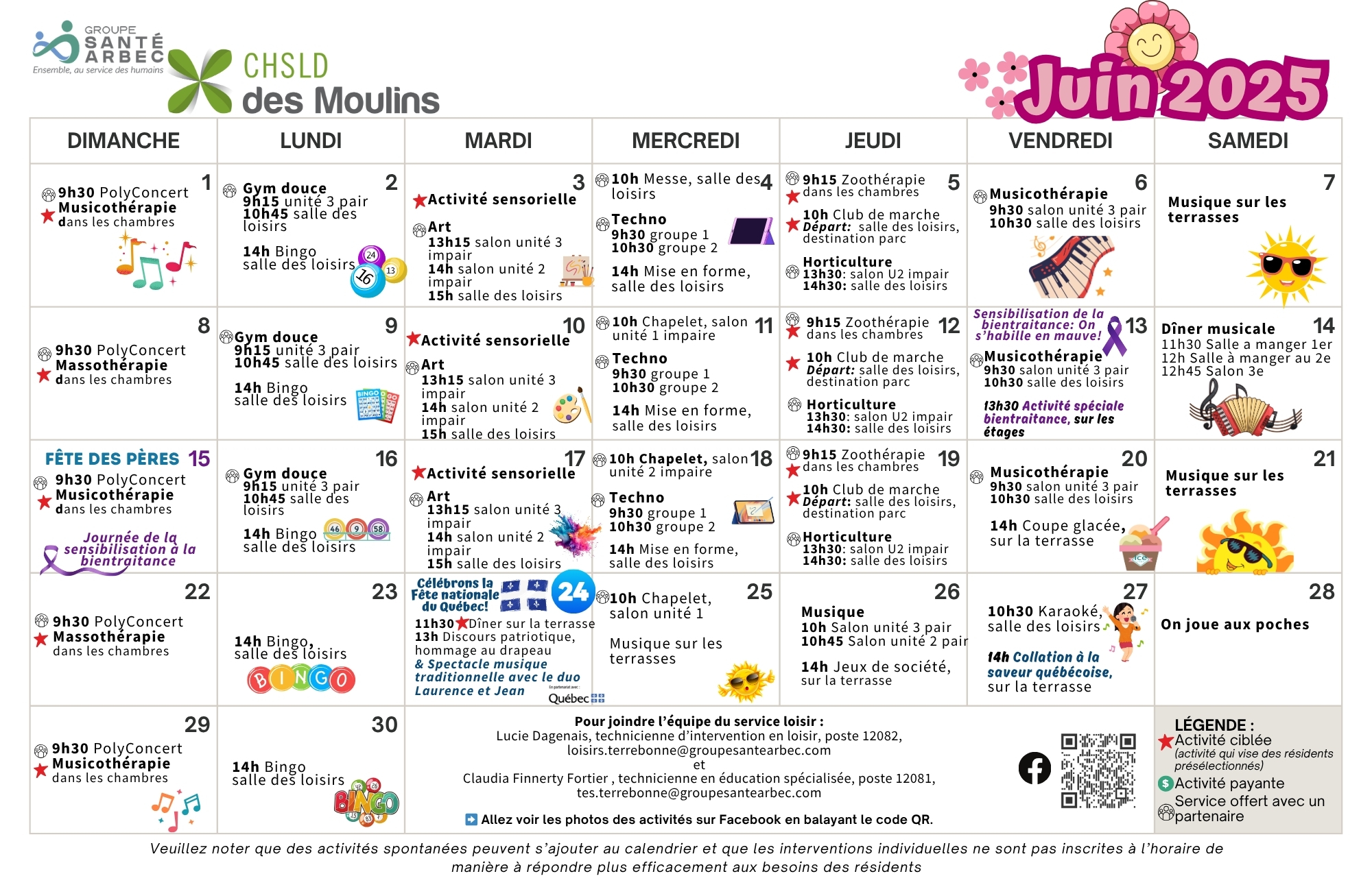 Calendrier des activités de juin 2025 pour les résidents du CHSLD des Moulins
