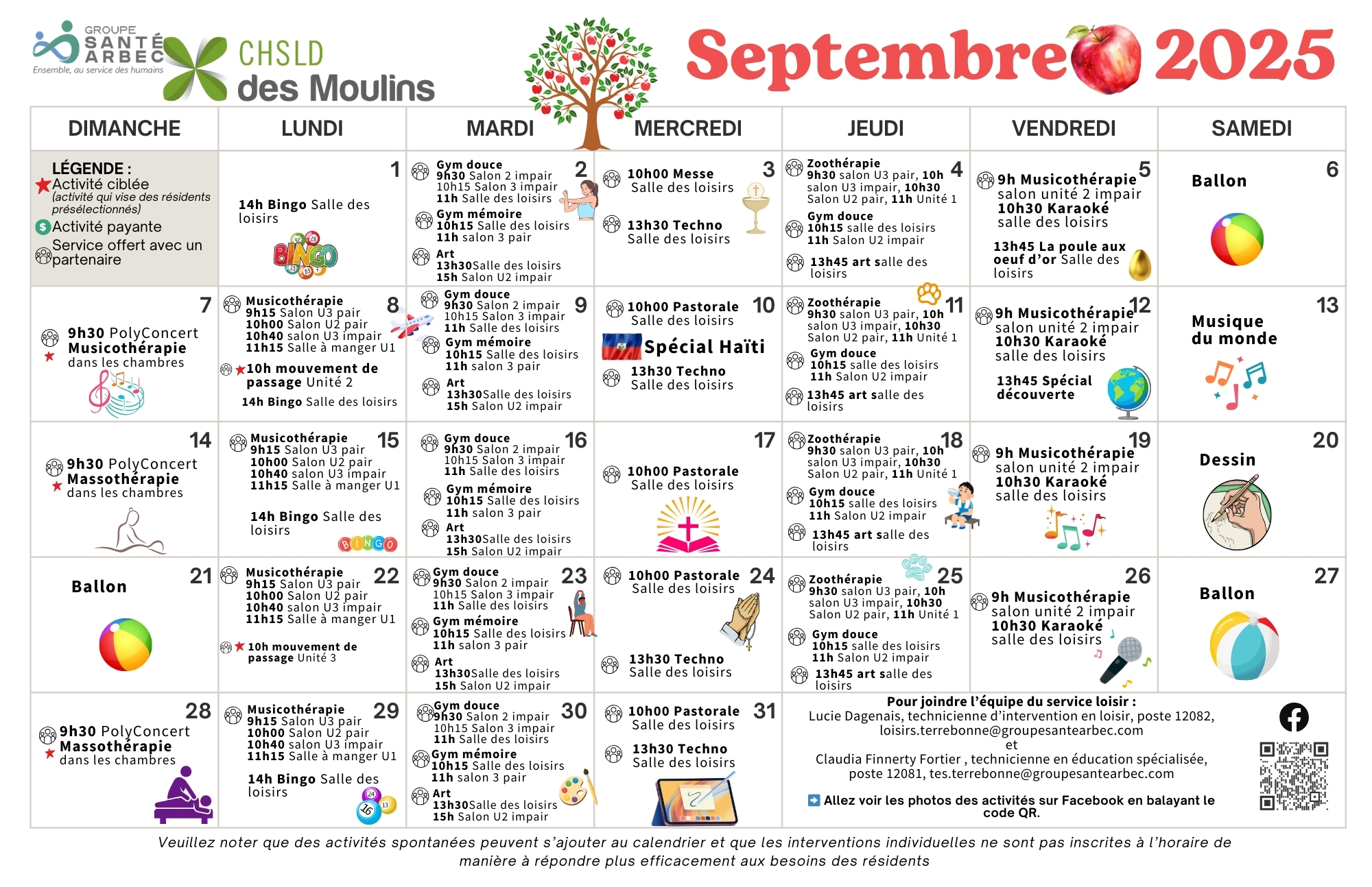 Calendrier des loisirs du mois de septembre 2025 pour les résidents du CHSLD des Moulins