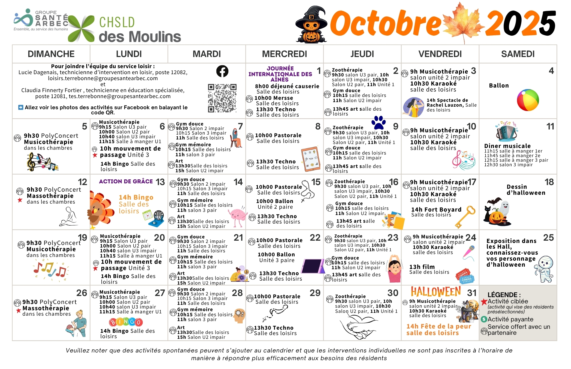 Calendrier des loisirs du mois d'octobre 2025 pour les résidents du CHSLD des Moulins
