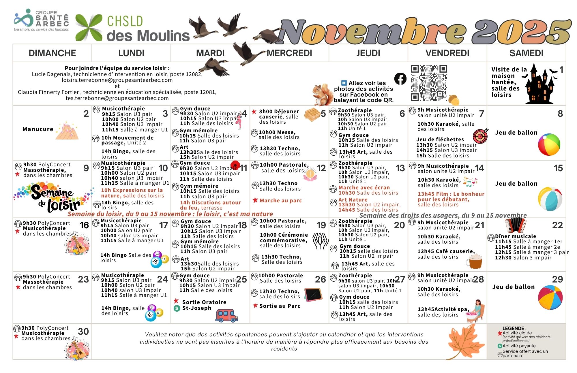 Calendrier des loisirs du mois de novembre 2025 pour les résidents du CHSLD des Moulins