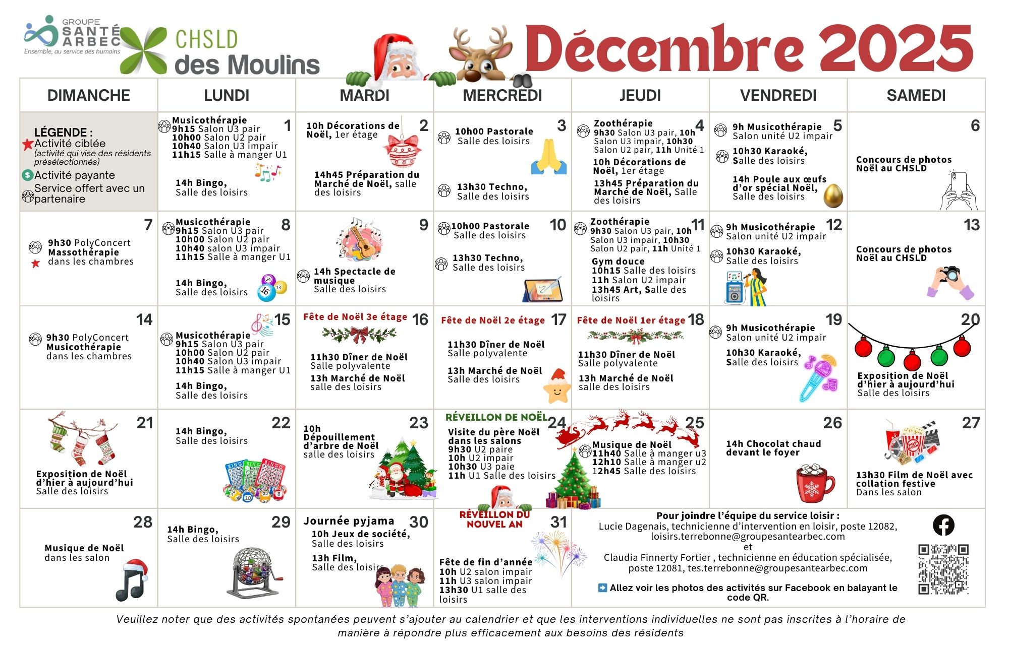 Calendrier des loisirs du mois de décembre 2025 pour les résidents du CHSLD des Moulins
