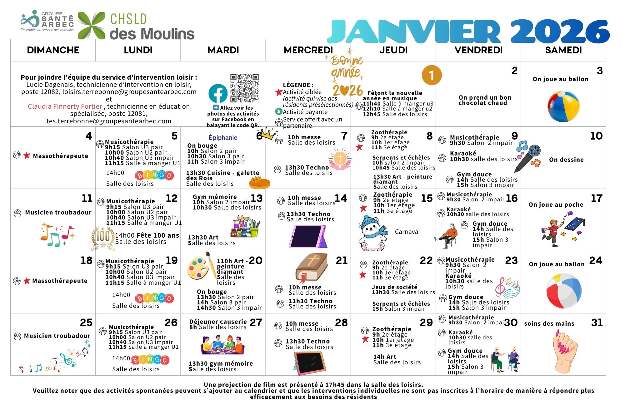 Calendrier des loisirs du mois de janvier 2026 pour les résidents du CHSLD des Moulins