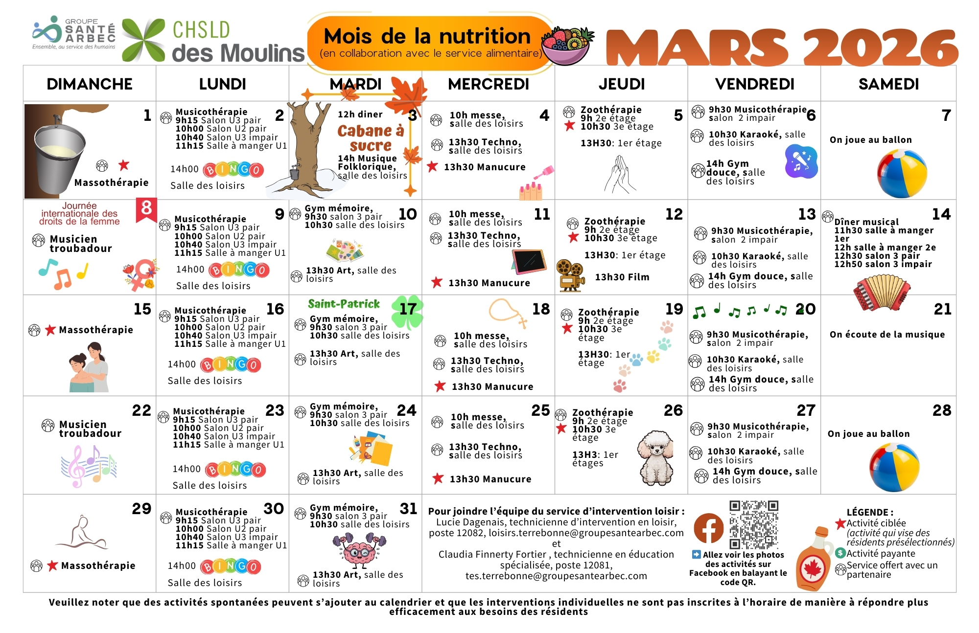 Calendrier des loisirs du mois de mars 2026 pour les résidents du CHSLD des Moulins
