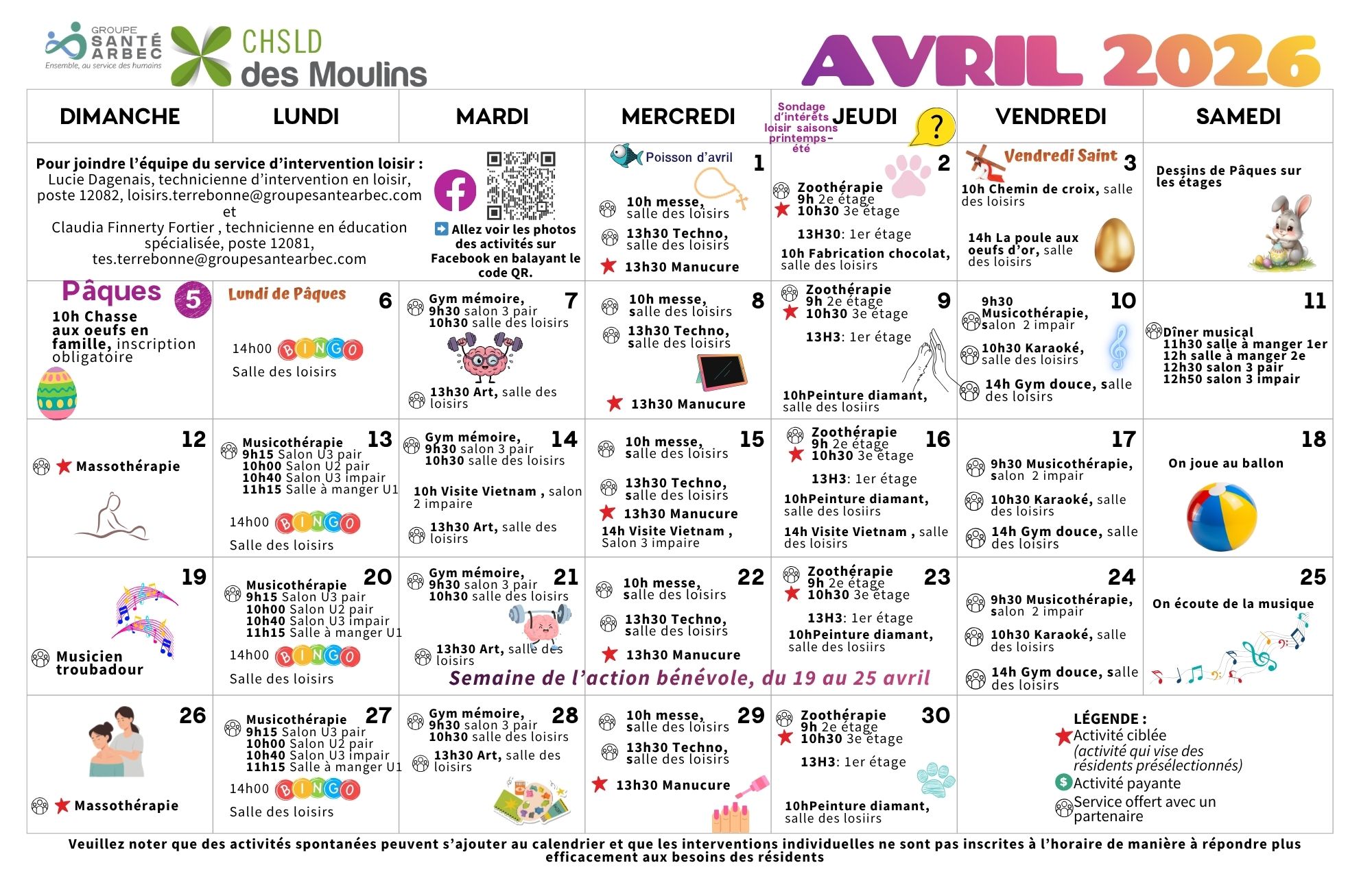 Calendrier des loisirs du mois d'avril 2026 pour les résidents du CHSLD des Moulins