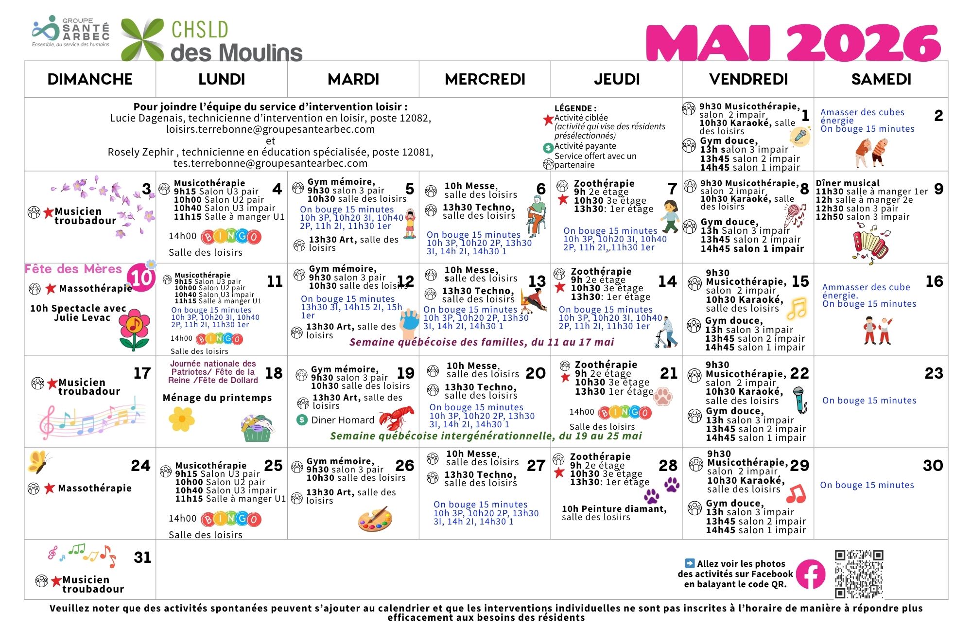 Calendrier des loisirs du mois de mai 2026 pour les résidents du CHSLD des Moulins