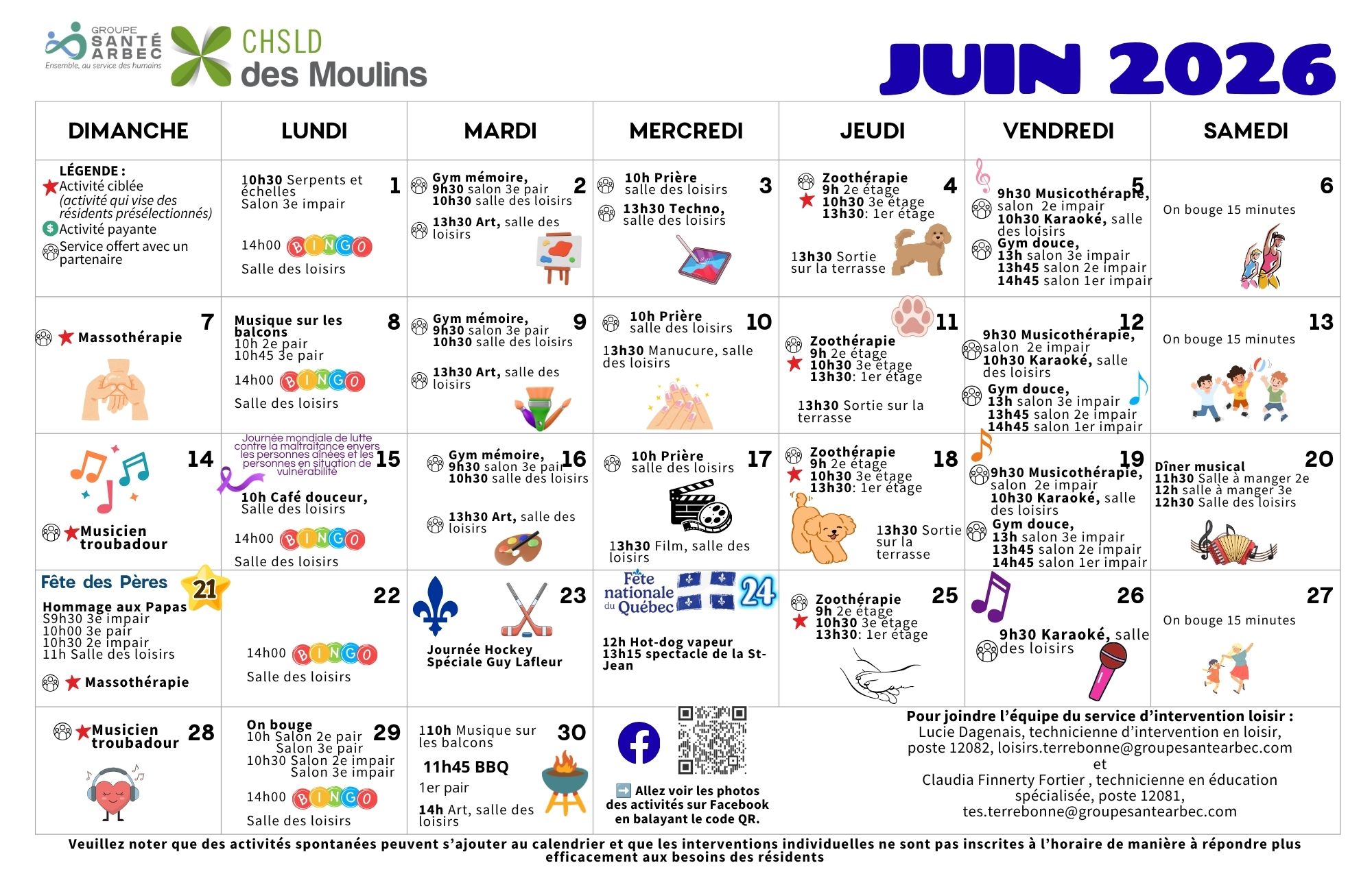 Calendrier des loisirs du mois de juin 2026 pour les résidents du CHSLD des Moulins