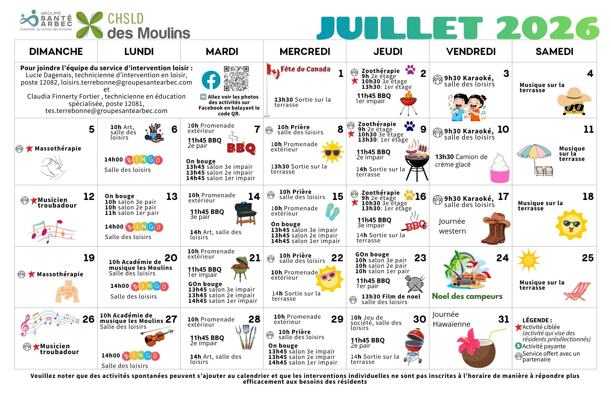 Calendrier des loisirs du mois de juillet 2026 pour les résidents du CHSLD des Moulins