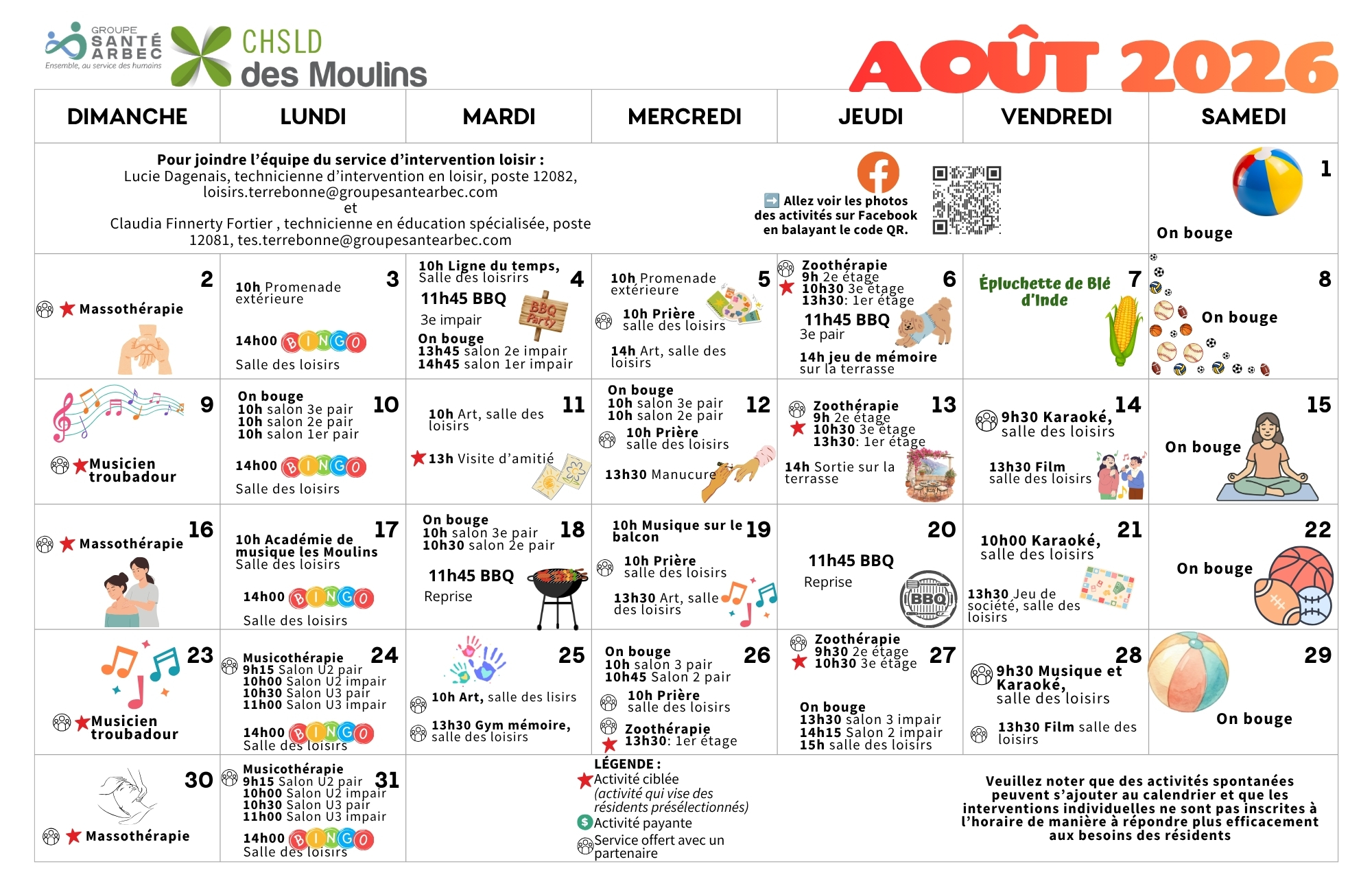 Calendrier des loisirs du mois d'août 2026 pour les résidents du CHSLD des Moulins